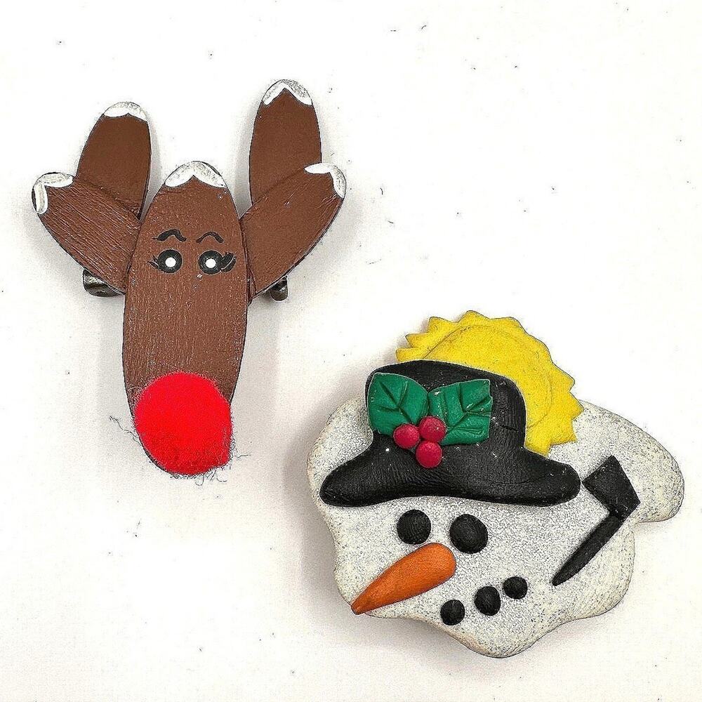 Vintage 80s 90s Christmas Brooch Pin Set Reindeer Wood Snowman Clay Fashion Y2K